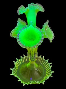 lot 1 image: Fenton Topaz Opalescent Four Horn Epergne Fenton L.G. Wright Vaseline Glass Lily Epergne