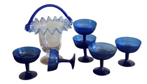 lot 71 image: Vintage Cobalt Blue Champagne Glass and Art Glass Basket with Cobalt Blue Accents