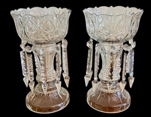 lot 21 image: Pair of Vintage Crystal Candle Holders with Dangling Prisms