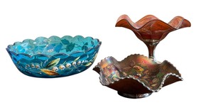 lot 167 image: Vintage Northwood Three Fruits Bowl, Vintage Fenton Wreath of Roses Ruffled Compote and Vintage Hand Painted Aqua Blue Glass Bowl