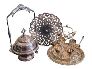lot 153 image: Antique Silver Plate Egg Cruet, Domed Butter Server and Trivet