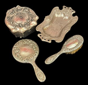 lot 261 image: Vintage Silver Plated Jewelry Casket, Brush, Mirror and Dish