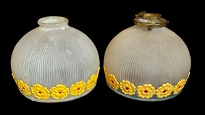 lot 521 image: Pair of Vintage Frosted Glass Lamp Shades with a Painted Flower Border