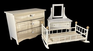 lot 607 image: Darling Vintage Wooden Doll Cradle and Dressers