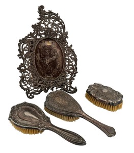 lot 32 image: Vintage Silver Plate Vanity Items including a Beautiful Antique Silver Plate Picture Frame