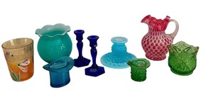 lot 221 image: Assorted Vintage Glassware including a Vintage Fenton Cranberry Opalescent Honeycomb Pitcher and More