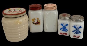 lot 467 image: Vintage Kitchen Shakers including Pair of Dutch Milk Glass Salt and Pepper Shakers