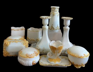 lot 325 image: Victorian Dithridge Milk Glass Candlesticks, Trinkets, Vase and More