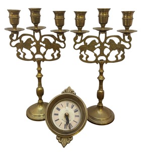 lot 331 image: Pair of Vintage Brass Lion of Judah Candelabras and Decorative Clock