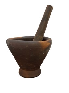 lot 338 image: Vintage Clay Mortar with Wooden Pestle