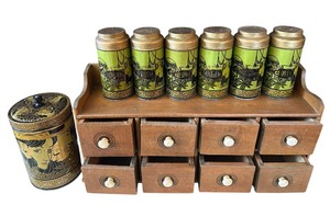 lot 384 image: Vintage Wooden Spice Rack with Drawers and Vintage Tins