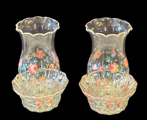 lot 345B image: Pair of Gorgeous Painted Floral Glass Candle Holders