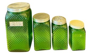 lot 343 image: Vintage Owens-Illinois Forest Green Diagonal Ribbed Glass Canisters