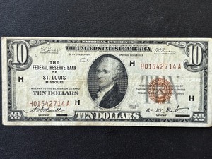 1929 Brown Seal $10 Dollar National Currency St. Louis