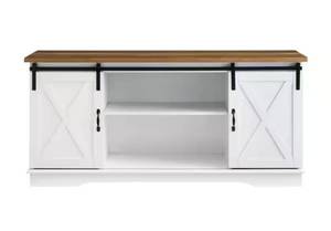 lot 7 image: White Wooden TV Stand with Barn Door Design