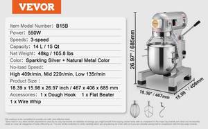lot 48 image: Vevor 15 Qt Commercial Stand Food Mixer - 550W, 3-Speed
