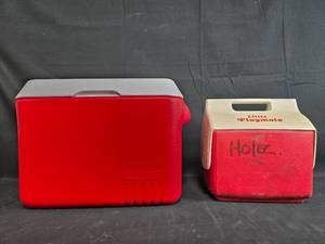 lot 21 image: Set of 2 Used Red Coolers - Rubbermaid and Igloo Little Playmate
