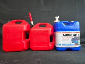 lot 23 image: Set of 3 Empty Fuel and Water Containers, 5 Gallon Gasoline and 7 Gallon Aqua-Tainer