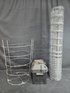 lot 31 image: Wire Fence Roll, Metal Wire Frame, and Sturdy Storage Box