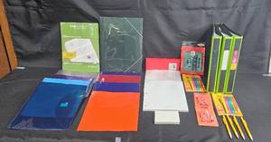 lot 70 image: Assorted Office Supplies Including Binders, Folders, and Stationery