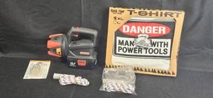 lot 80 image: Craftsman 19.2V Cordless Spotlight with Danger Man with Power Tools T-Shirt and Accessories