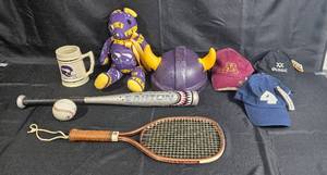lot 82 image: Assorted Sports and Memorabilia Set with Viking Helmet & Mug, Baseball Bat, and More