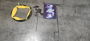 lot 92 image: Halloween Yard Decor Set - Ghost Flag, Weather Vane Frog, and Pop-Up Chute