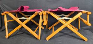lot 174 image: Set of Folding Wooden Camp Stools with Burgundy Canvas Seats