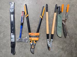 lot 183 image: Assorted Gardening Tools and Axe with Fiskars Pruning Shear