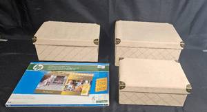 lot 99 image: Set of 3 Decorative Storage Boxes with Open-Box HP Brochure Paper