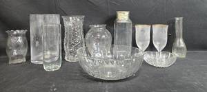 lot 214 image: Collection of Elegant Glassware Including Vases, Bowls, and Wine Glasses