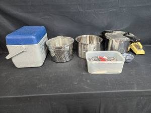 lot 224 image: Kitchenware Collection Including Pressure Cooker, Stockpot, Cooler, and Utensils
