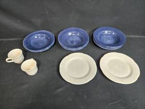 lot 236 image: Collection of Ceramic Dinnerware - Blue Bowls, Plates, and Mugs
