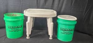 lot 256 image: Plastic Shower Stool and Pair of Menards Buckets