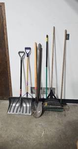 lot 261 image: Assortment of Lawn and Garden Tools Snow Shovel, Spade, and Rakes