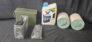 lot 263 image: Military-Style Ammo Boxes and Valvoline 10W-30 Oil (qty unverified) with Filters