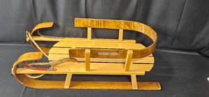 lot 264 image: Vintage Wood and Metal Toboggan Sled with Rope Handles