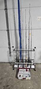 lot 276 image: Fishing Gear Set with 9 Rods and Tackle Box Including Various Accessories