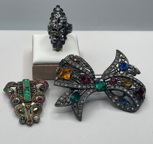 Vintage Czech Art Deco Multicolored Rhinestone Dress, Clip Broach, Art Deco Bow Broach and West Germany Ring