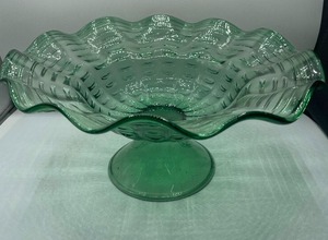 Vintage Green Depression Era Ruffled Glass Pedestal Dish