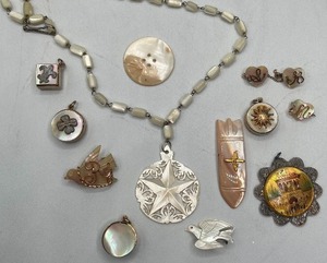 Ten Piece Mother of Pearl LOT- Five Pendants, Four Pin-On and a Button Necklace