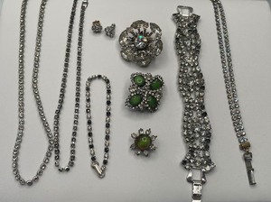 Cubic Zirconia & Cats Eye Three Brooch and Rhinestone Lot
