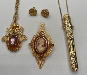 Gold Tone Cameos and 1928 Necklace with Secret Pencil