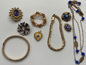 Gold Tone and Sapphire Blue Jewelry Lot Lisner Brooch Locket Pendant