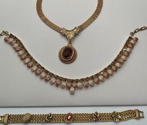 Gold Mesh Necklace and Bracelet-Goldette Bracelet - Moonglow and Rhinestone Choker