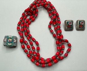 Micromosaic Italy Brooch and Red Beads