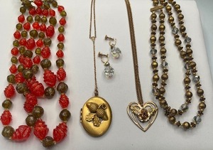 Vintage Brass Tone and Crystal Necklaces, Brass Locket and Acrylic Necklace