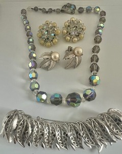 Vintage Crown Trifari Bracelet and Earring Set and Smokey Gray Aurora Borealis Necklace