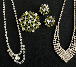 B. David Vintage Green and Clear Rhinestone Brooch and Earring Set and Rhinestone Necklaces
