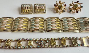 Pastels, and Gold Tone Bracelet and Earring Set and Juliana Style Rhinestone Bracelet